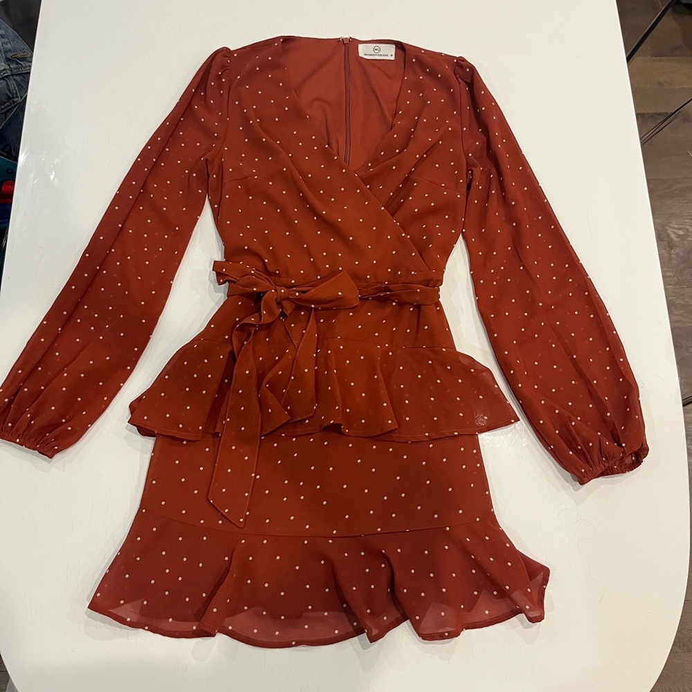 Boutique Polka Dot Ruffled Dress with Bow in burnt orange